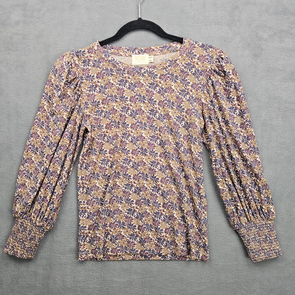 Nation LTD Women Floral Loren Retro Smocked Peasant Tee Blouse Cotton Size XS